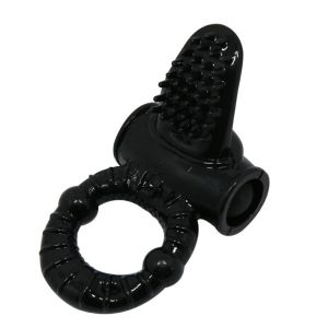 Чёрное эрекционное кольцо с вибрацией и щеточкой для клитора Baile BI-014081-1 - цена 