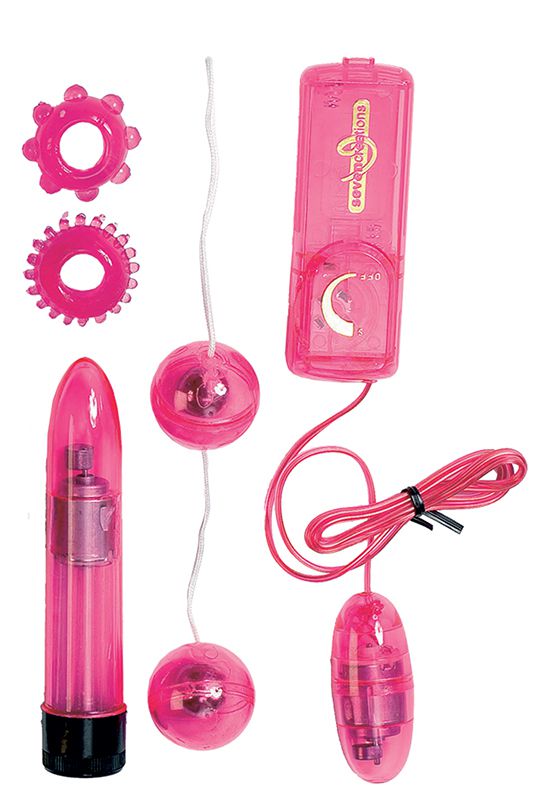 Набор CLEAR VIBRATORKIT: вибратор, вагинальные шарики, 2 эрекционных кольца и виброяйцо Seven Creations 2K-212CPK-BXSC - цена 