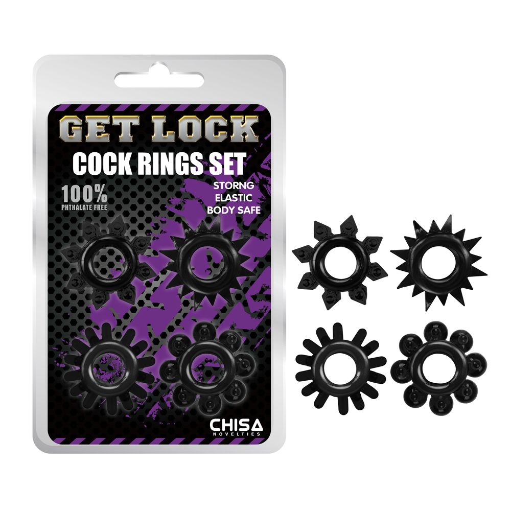 Набор из 4 черных эрекционных колец Get Lock Chisa CN-00358238 - цена 