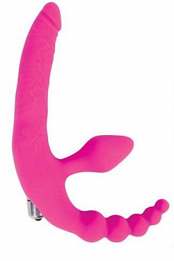 Розовый безремневой страпон с анальным отростком и вибрацией - 15 см.  ST-40185-16 с доставкой 