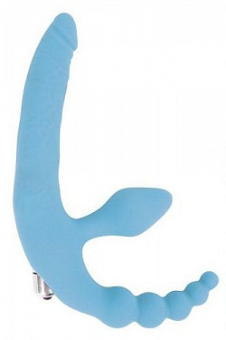 Голубой безремневой страпон с анальным отростком и вибрацией - 15 см.  ST-40185-12 с доставкой 