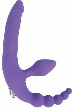 Фиолетовый безремневой страпон с анальным отростком и вибрацией - 15 см.  ST-40185-5 с доставкой 