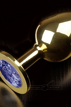 Большая золотая анальная пробка с закругленным кончиком и синим кристаллом - 9 см. Пикантные штучки DPRLG252BLUE с доставкой 