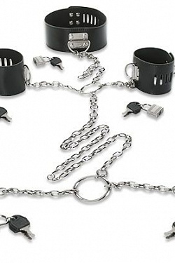 Набор для фиксации: наручники, оковы и ошейник, соединённые цепями и кольцами Пикантные штучки DP162 с доставкой 