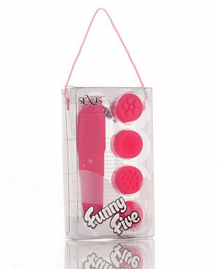 Компактный розовый вибромассажер  с 4 насадками Sexus Funny Five 931001-3 - цена 