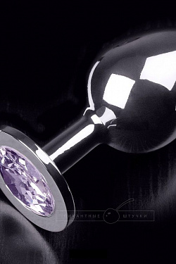 Большая серебристая анальная пробка с круглым кончиком и ярким сиреневым кристаллом - 9 см. Пикантные штучки DPRLS252BP с доставкой 