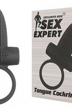 Чёрное эрекционное кольцо с вибрацией и язычком Sex Expert  SEM-55057 с доставкой 