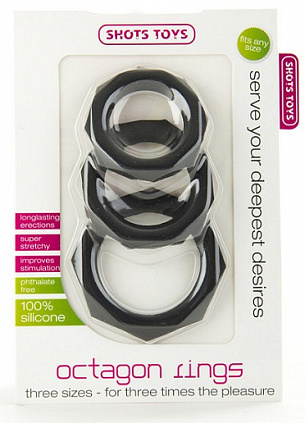 Набор чёрных эрекционных колец Octagon Rings 3 sizes (3 шт.) Shots Media BV SHT092BLK - цена 
