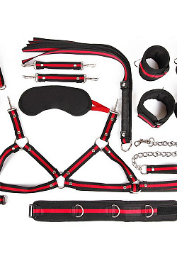 Черно-красный набор БДСМ: наручники, оковы, ошейник с поводком, кляп, маска, плеть, лиф  NTB-80474 с доставкой 