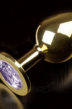 Большая золотая анальная пробка с закругленным кончиком и сиреневым кристаллом - 9 см. Пикантные штучки DPRLG252BP с доставкой 