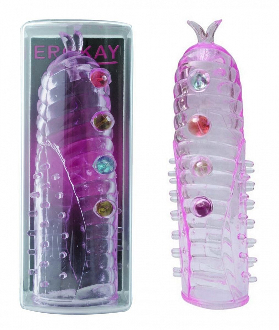 Фиолетовая насадка на пенис с усиками на головке и бусинами Erokay EK-2223PR - цена 