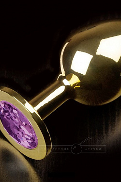 Большая золотая анальная пробка с закругленным кончиком и фиолетовым кристаллом - 9 см. Пикантные штучки DPRLG252PUR с доставкой 