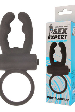 Чёрное эрекционное кольцо с вибрацией и рожками Sex Expert  SEM-55056 с доставкой 